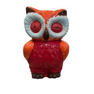 Owl Cookie Jar Winking Cute Ceramic Red/Orange 10.5" Tall‎